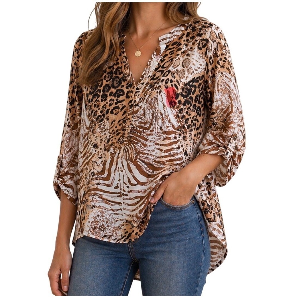 NEW J/M Sportswear Fits Medium Fall Colors Animal Print Tunic Top Brown Tan